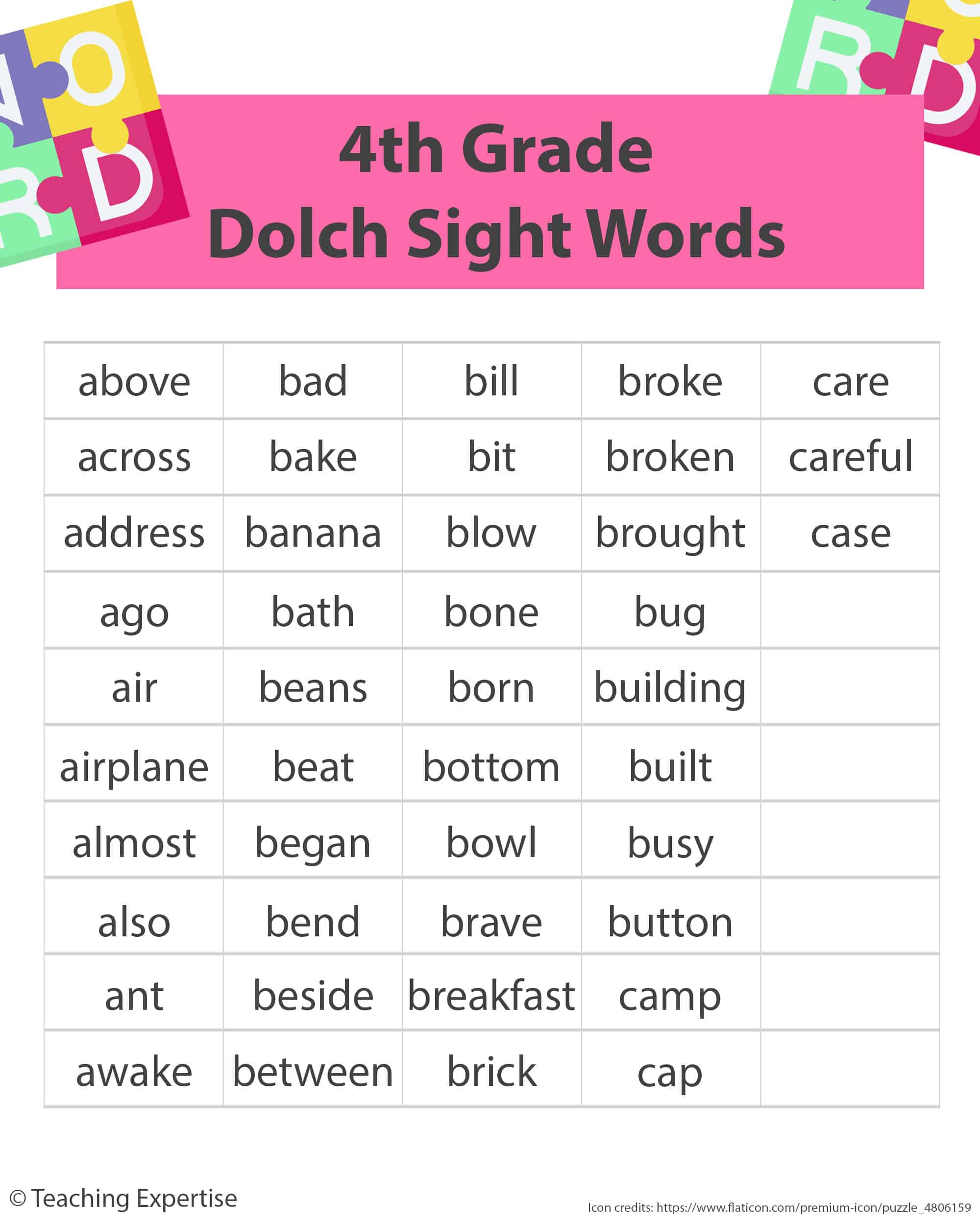 4th Grade Dolch Word List Printable