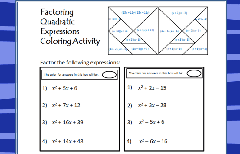 solving quadratic equations by factoring activity